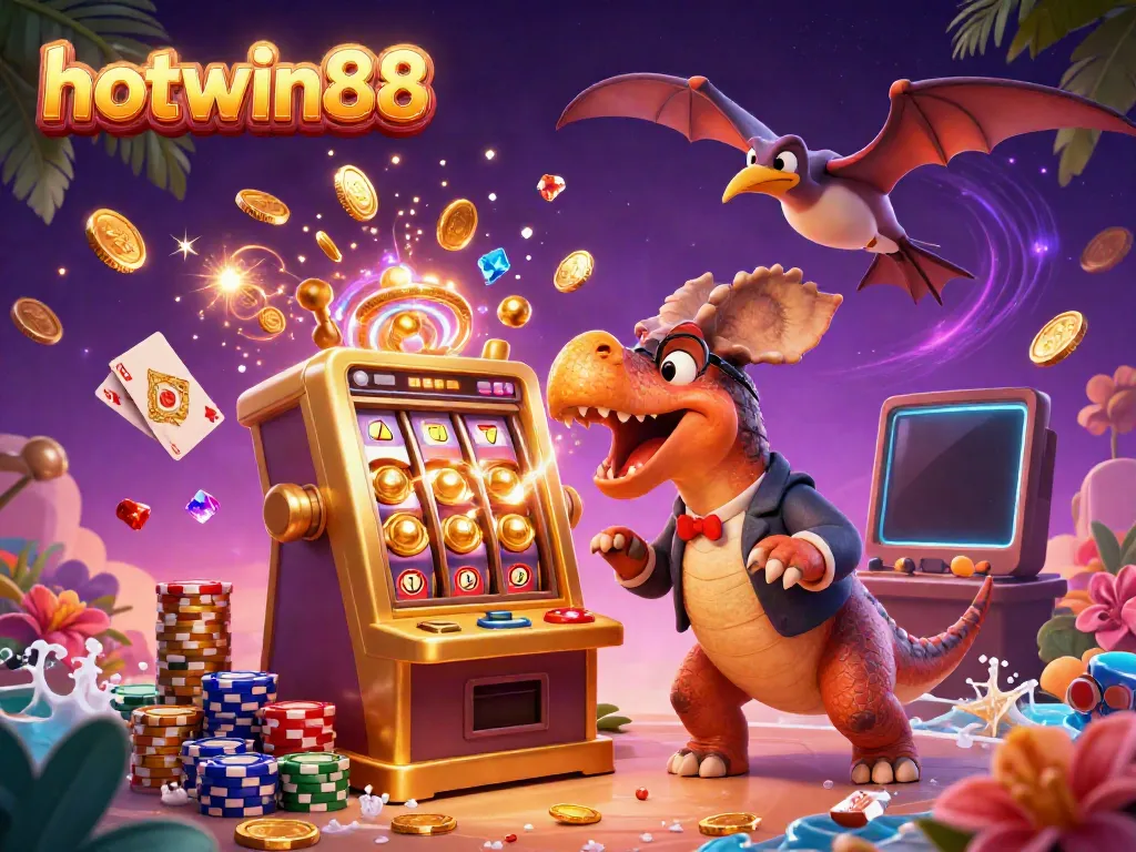 Experience thrilling jackpots with hotwin88 as a 3D pachycephalosaurus activates a golden slot machine amidst flying coins.