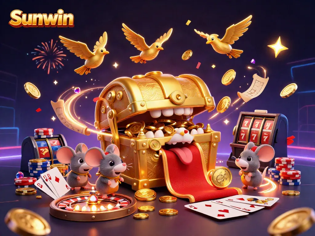 Engaging Sunwin gaming illustration showcasing treasure and excitement in a vibrant casino scene.