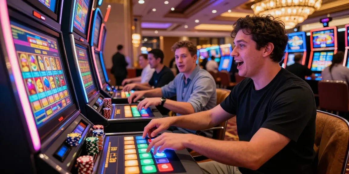 Excited player engaged with situs slot machine in a dynamic casino environment