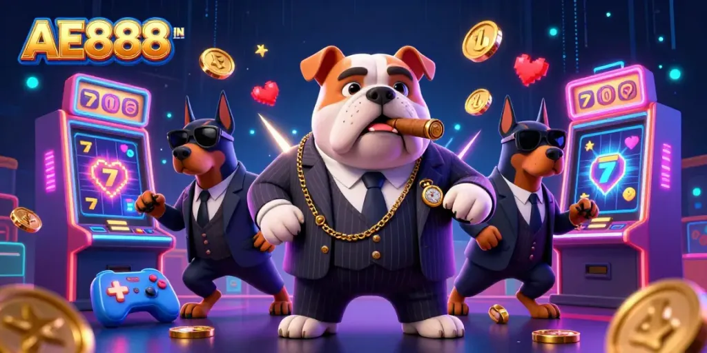 Experience the excitement of AE888 IN with a dynamic 3D cartoon mafia scene featuring a bulldog and Doberman bodyguards amidst vibrant casino elements.