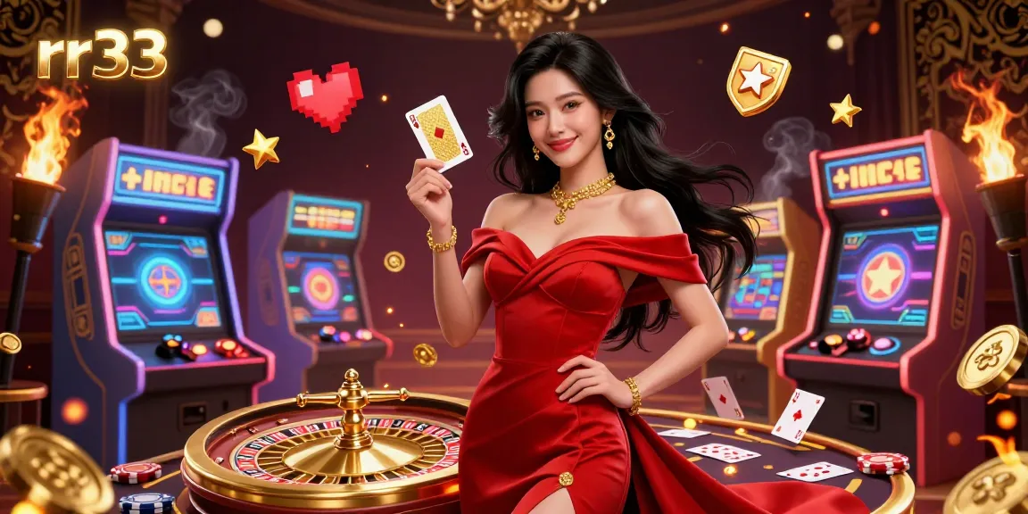 Experience the excitement of rr33 with a beautiful dealer by a roulette wheel, surrounded by casino elements.