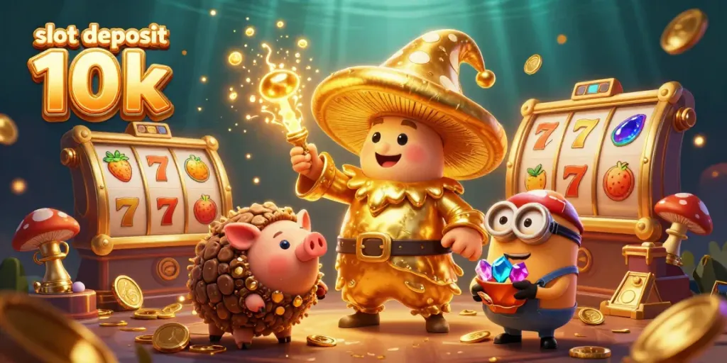 Slot deposit 10k: ilustrasi kasino 3D dengan karakter dan elemen menarik.