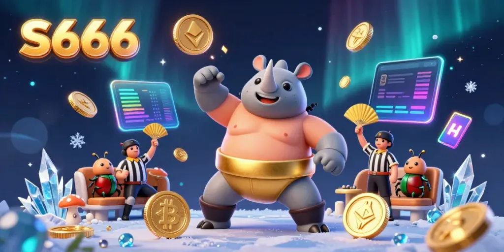 S666 engages players with a vibrant casino atmosphere featuring dynamic cryptocurrency elements and lively characters.