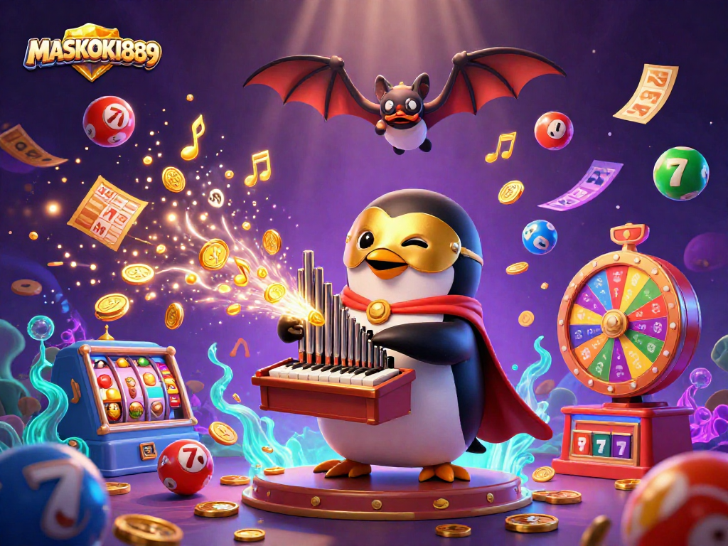 MASKOKI889 brings excitement with a 3D penguin organist surrounded by vibrant casino elements.