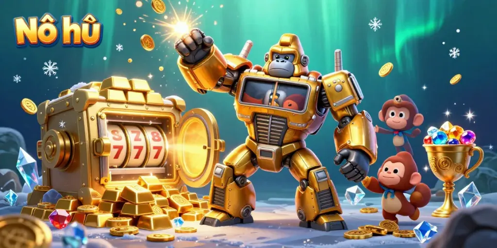 Nổ hũ game adventure with a golden gorilla mech and jackpot action in vibrant casino atmosphere