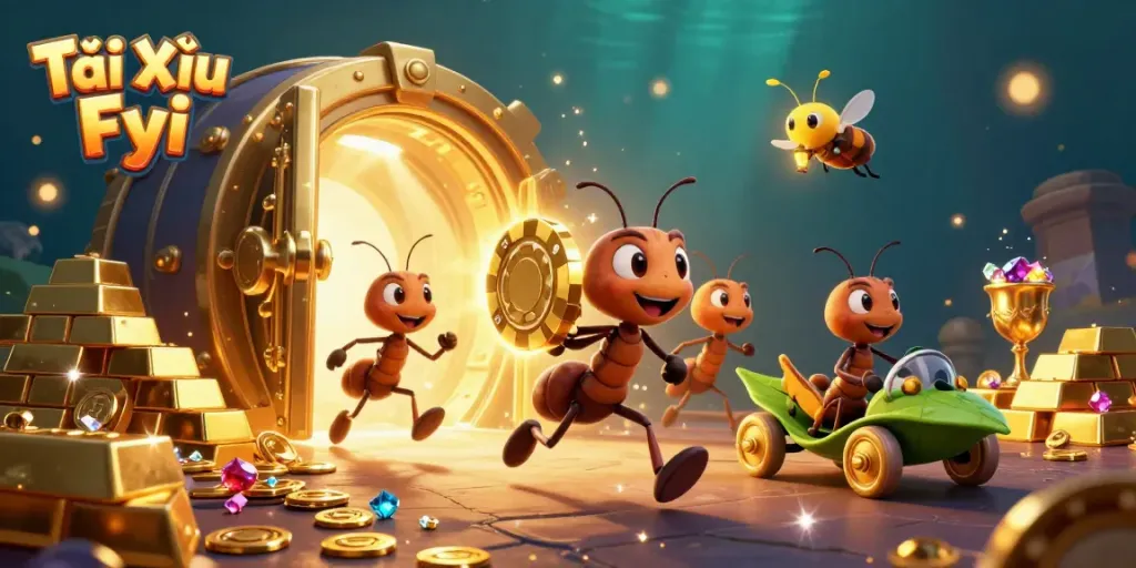 Experience the excitement of Tài Xỉu Fyi with a thrilling heist scene featuring ants, poker chips, and treasure.