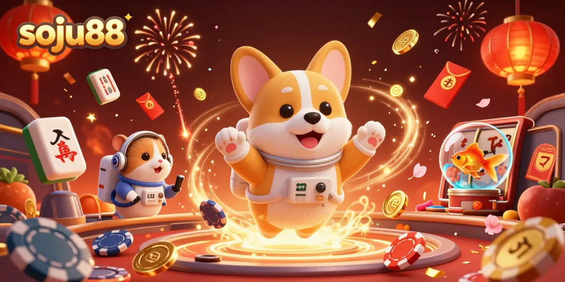 Experience thrilling fun with soju88 in a vibrant 3D casino space scene full of action and excitement.