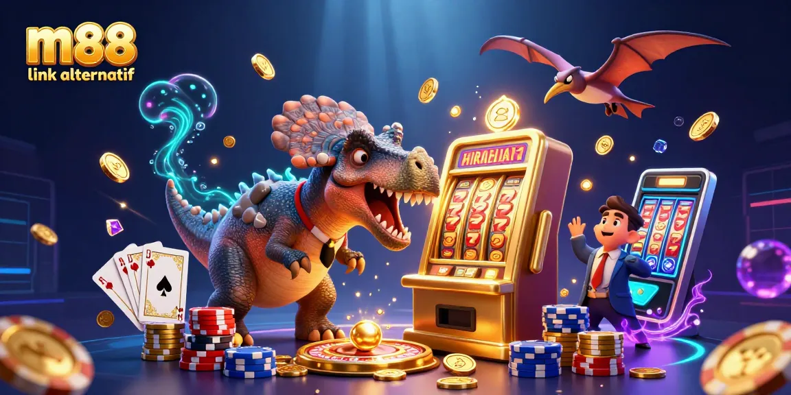 Experience the dynamic m88 link alternatif as a pachycephalosaurus wins jackpot coins from a golden slot machine.