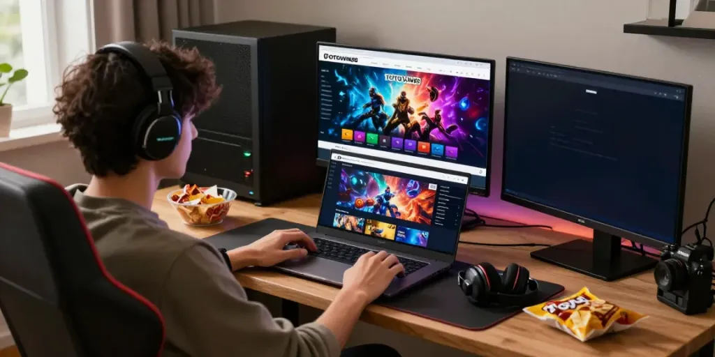 Pengguna TOTOWIN88 menikmati permainan online dengan laptop, suasana cozy dan aksesori gaming.