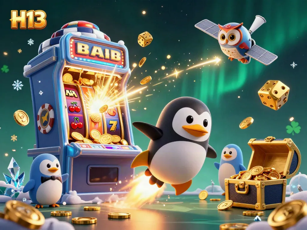 Engage with H13 as a rocket-powered penguin soars towards a vibrant casino theme