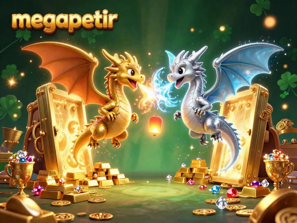 Megapetir menghadirkan suasana permainan slot yang menegangkan dengan naga berapi dan es serta peti harta yang penuh emas.
