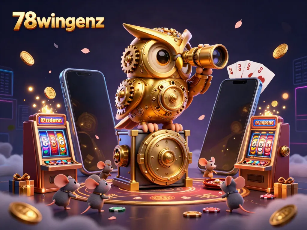 Experience the captivating world of 78wingenz with vibrant casino scenes featuring an enchanting owl and dynamic gaming elements.