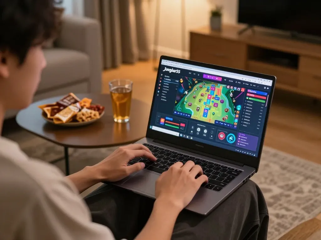 Engaged player on jangkar55 website using laptop to strategize for online gambling.