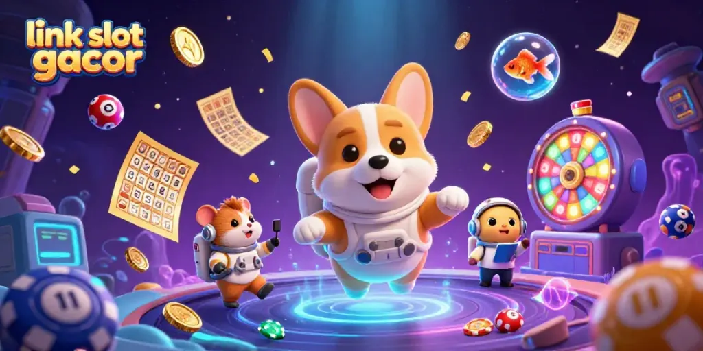 Permainan slot gacor yang menarik dengan corgi astronot dan elemen slot online dalam suasana luar angkasa.