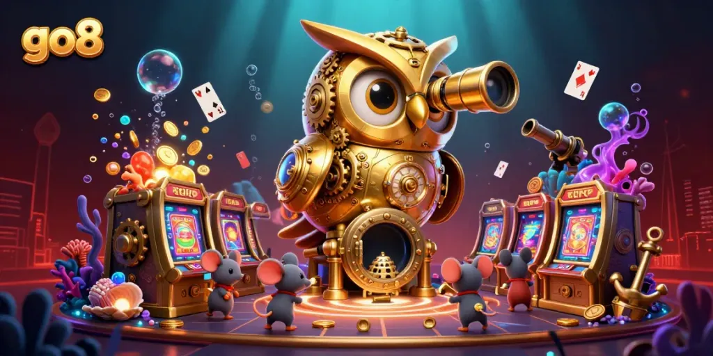 Engage in thrilling action with go8 as a vibrant owl oversees a bustling casino scene filled with gold and excitement.