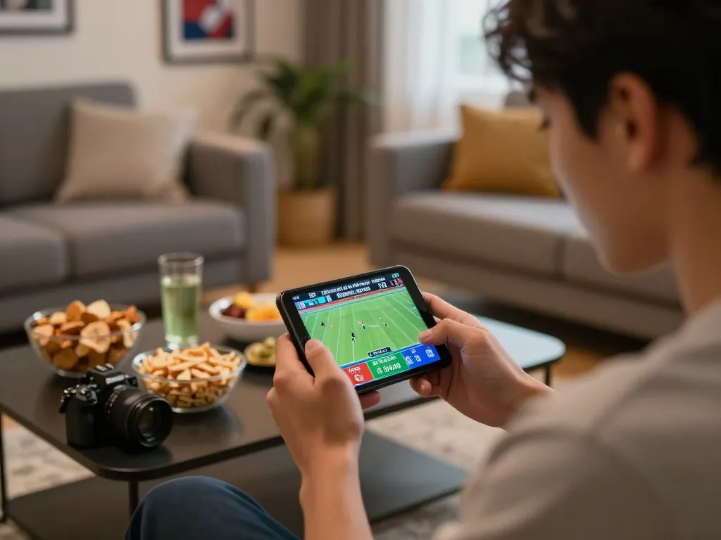 Engaged user checking Kết quả bóng đá updates while betting on smartphone in a cozy living room.