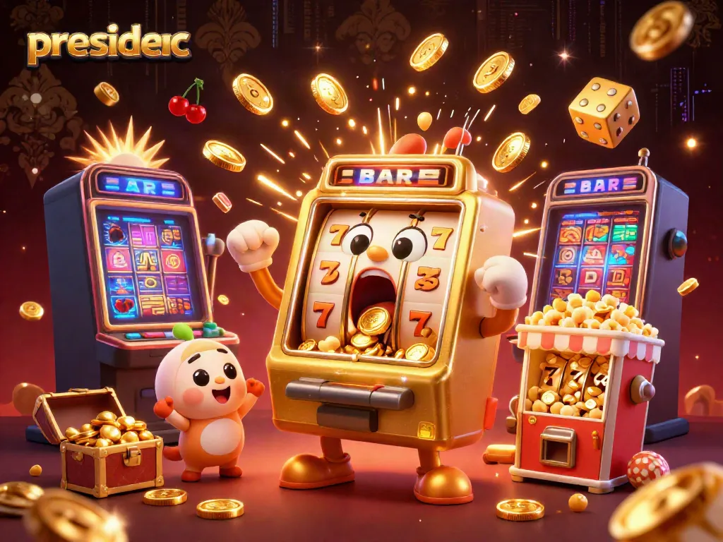Engage with presidencc's exciting jackpot celebrations featuring animated slot machines overflowing with coins.