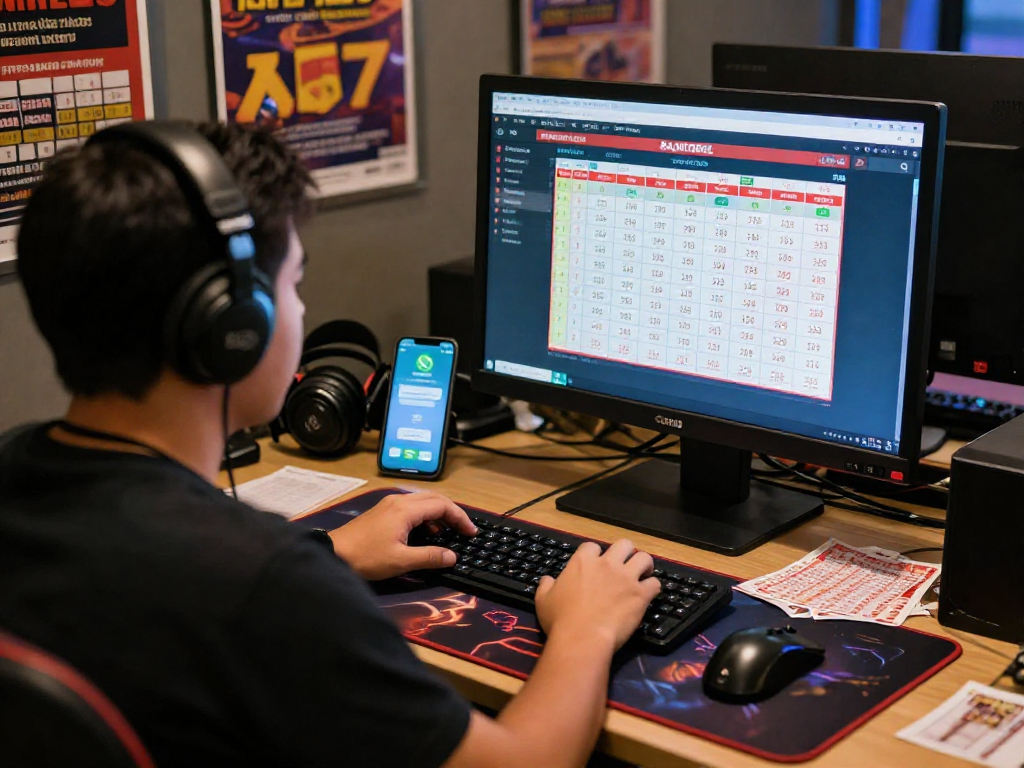 Pengguna RAJATOGEL bermain togel online dengan antusias, fokus pada layar dan aksesori gaming.
