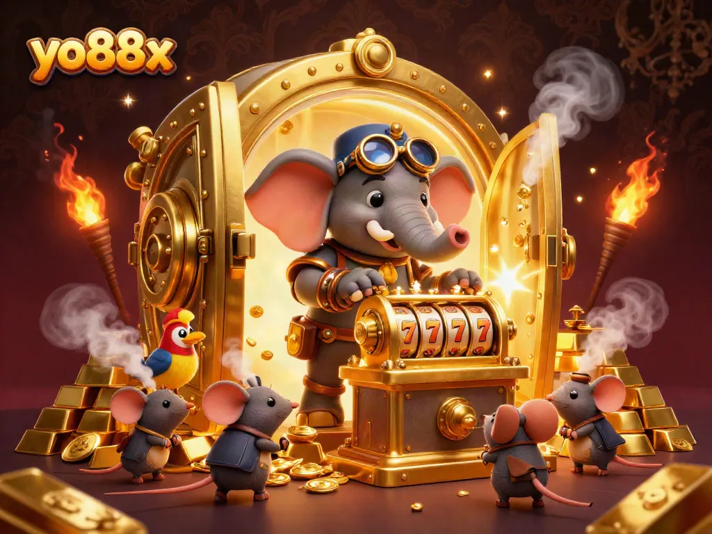 Engage with exciting slot gameplay at yo88x, featuring a steampunk elephant and golden slot machine in a rich casino scene.