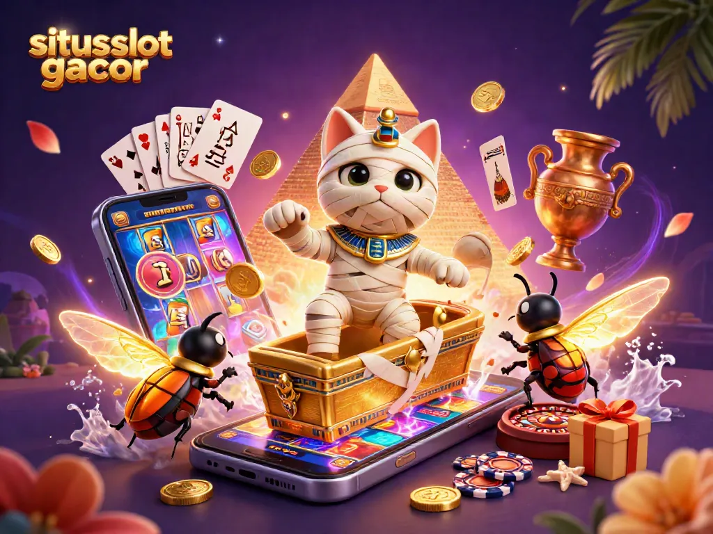 Putar situs slot gacor dengan kucing mumi dan gambar menarik lainnya di dalam kasino piramida.