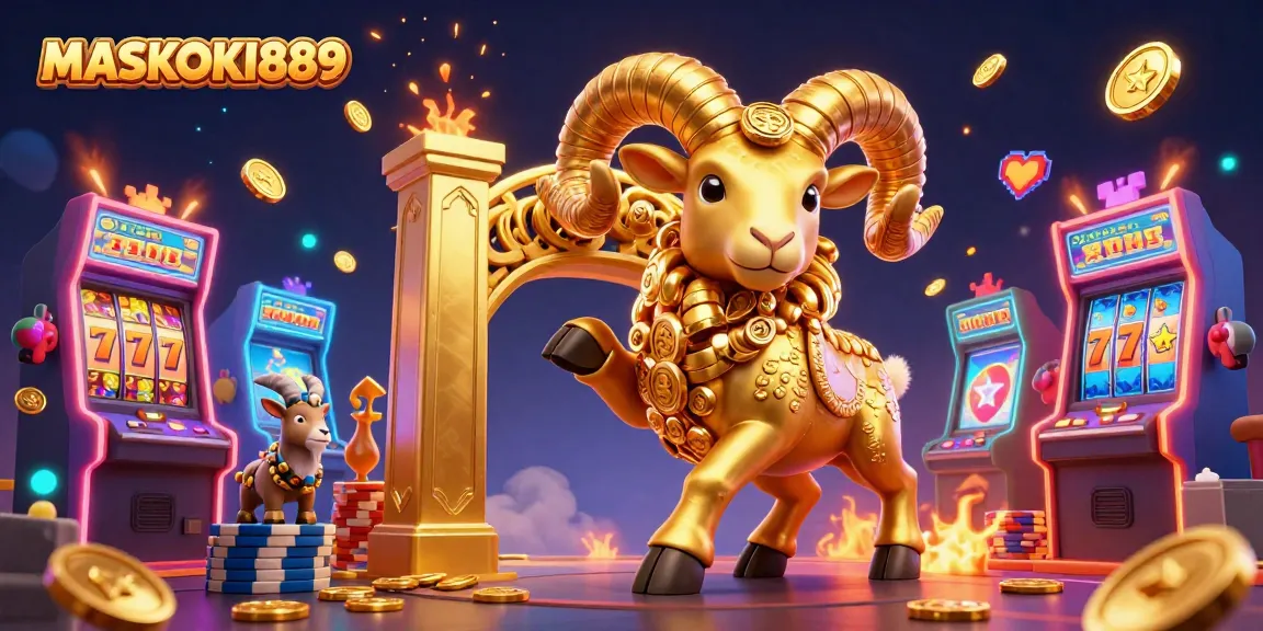 Experience thrilling wins with MASKOKI889 at vibrant slots and a charging golden ram in a dynamic casino scene.