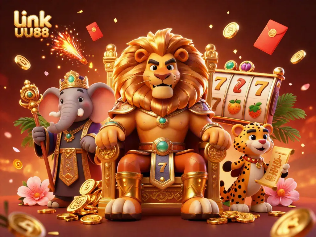 Spin and win at link UU88 with a vibrant 3D scene showcasing a lion king on a throne, flanked by an elephant and cheetah, amidst sparkling slot elements.