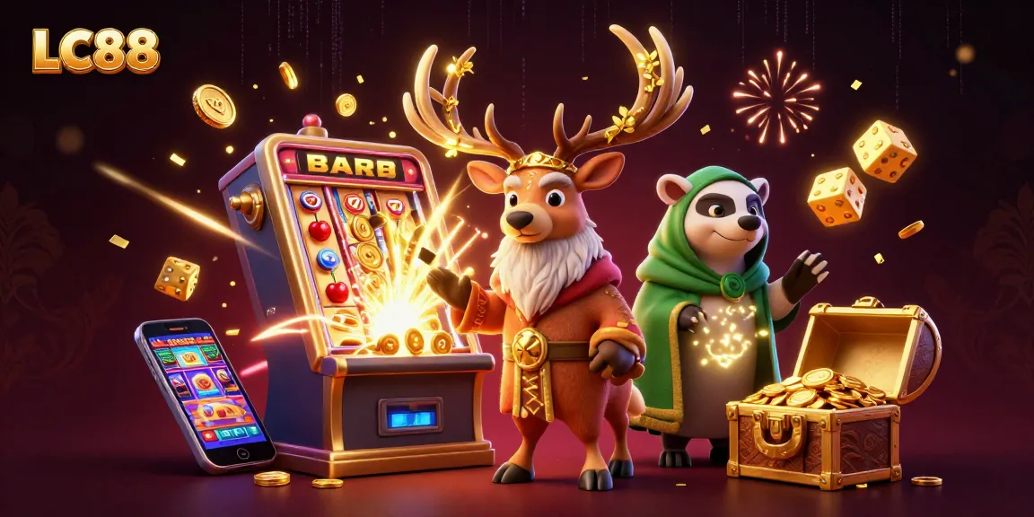 Engage in thrilling gaming at LC88, featuring cartoon druid stag and slot machine jackpot.