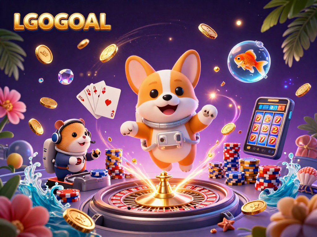 Immerse in LGOGOAL's online sports betting with playful characters in a vibrant cosmic casino scene.