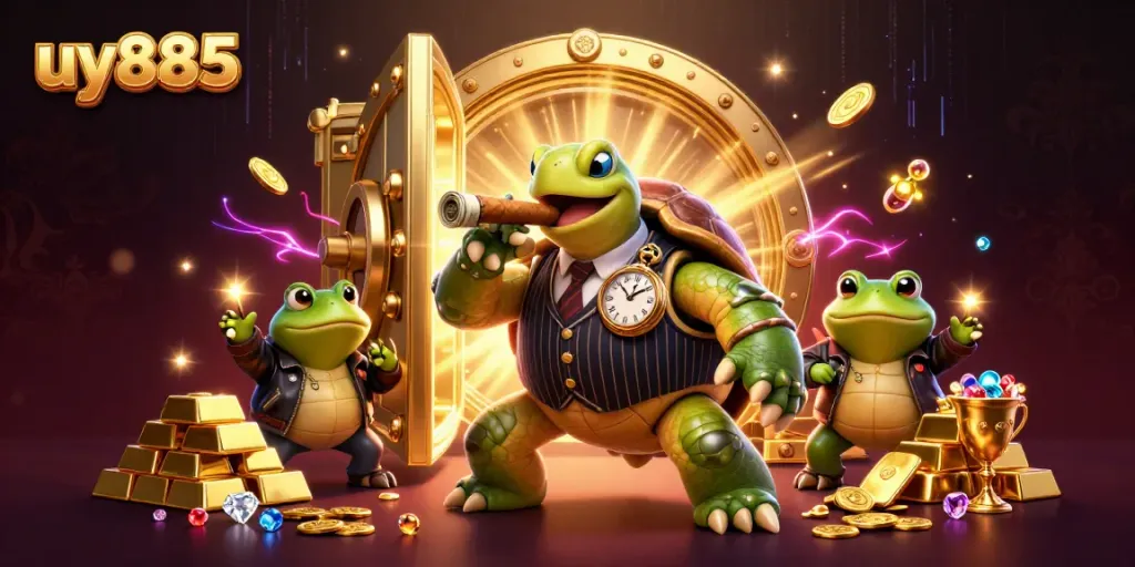 Experience the immersive world of uy885 with a cartoon turtle and bullfrog enforcers amid casino treasure.