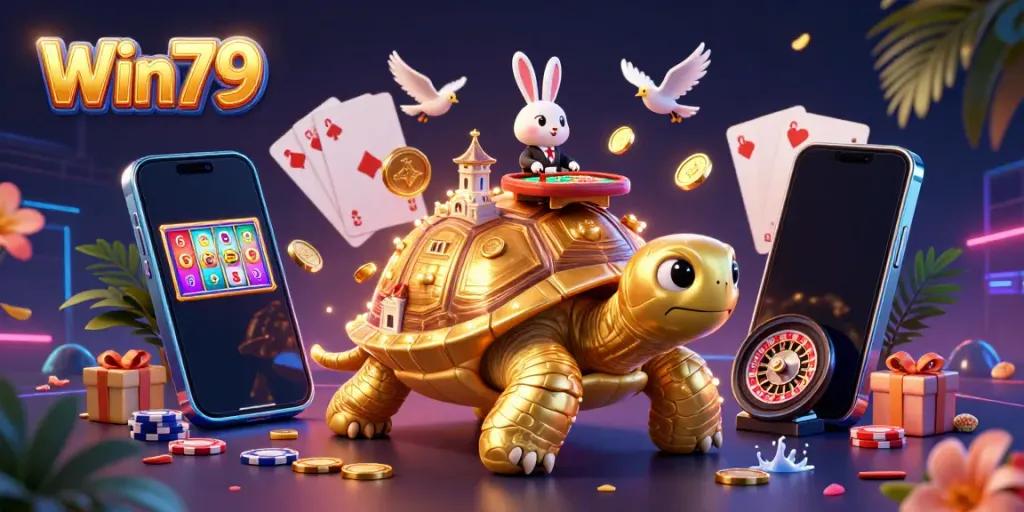 Win79 showcases the golden tortoise casino, with a rabbit dealer and dynamic gaming elements.