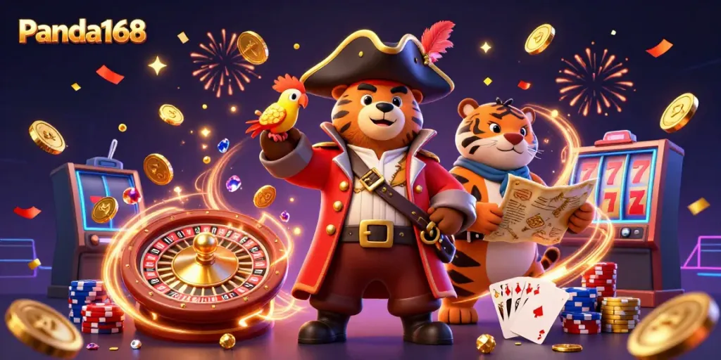 Permainan live casino Panda168 dengan karakter beruang bajak laut dan harimau, penuh koin emas dan harta
