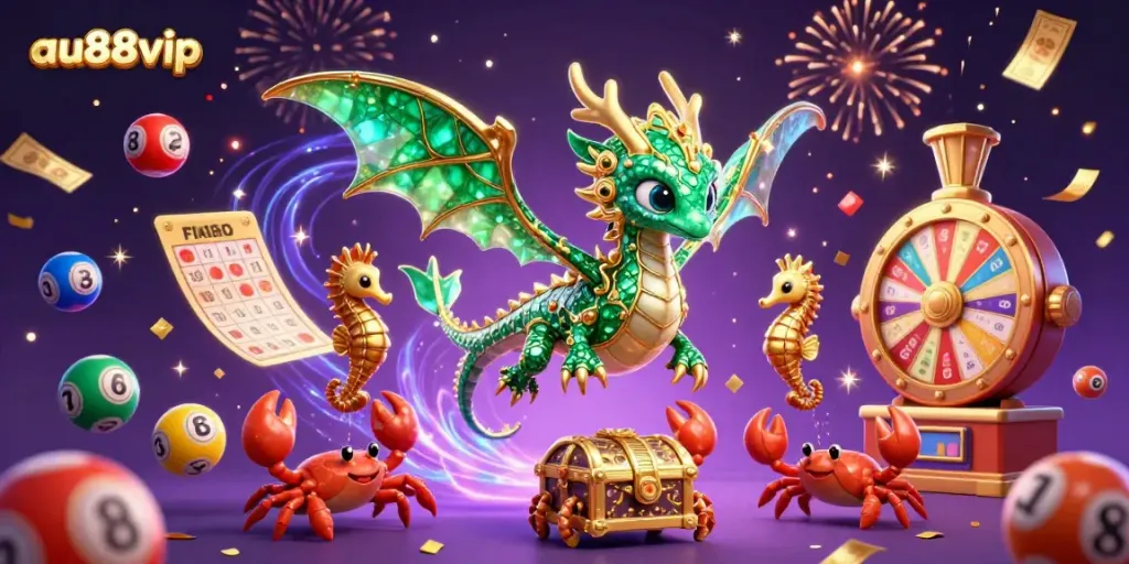 Experience thrilling wins with vibrant games at au88vip, featuring a majestic sea dragon and dynamic lottery elements.