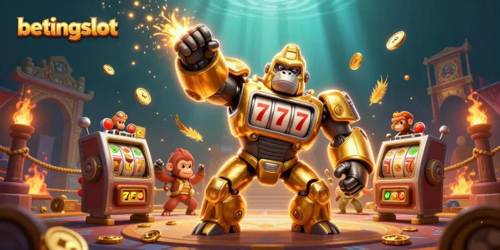 Gorilla mech emas bertema slot di arena bertarung, simbol keberuntungan betingslot menyebar.