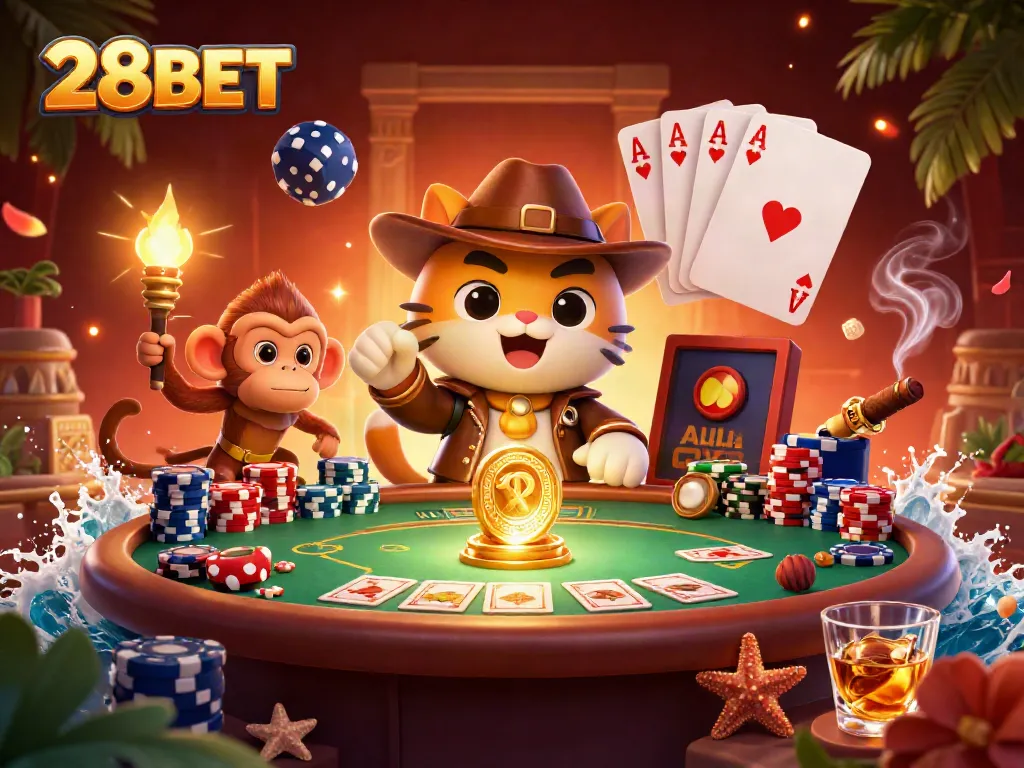 Experience thrilling adventures with 28BET as a cartoon cat explores a golden casino artifact.