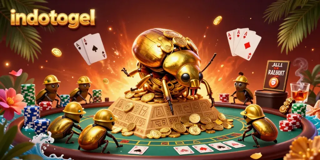 Experience indotogel with a vibrant scene of beetles rolling golden coins amid casino elements.