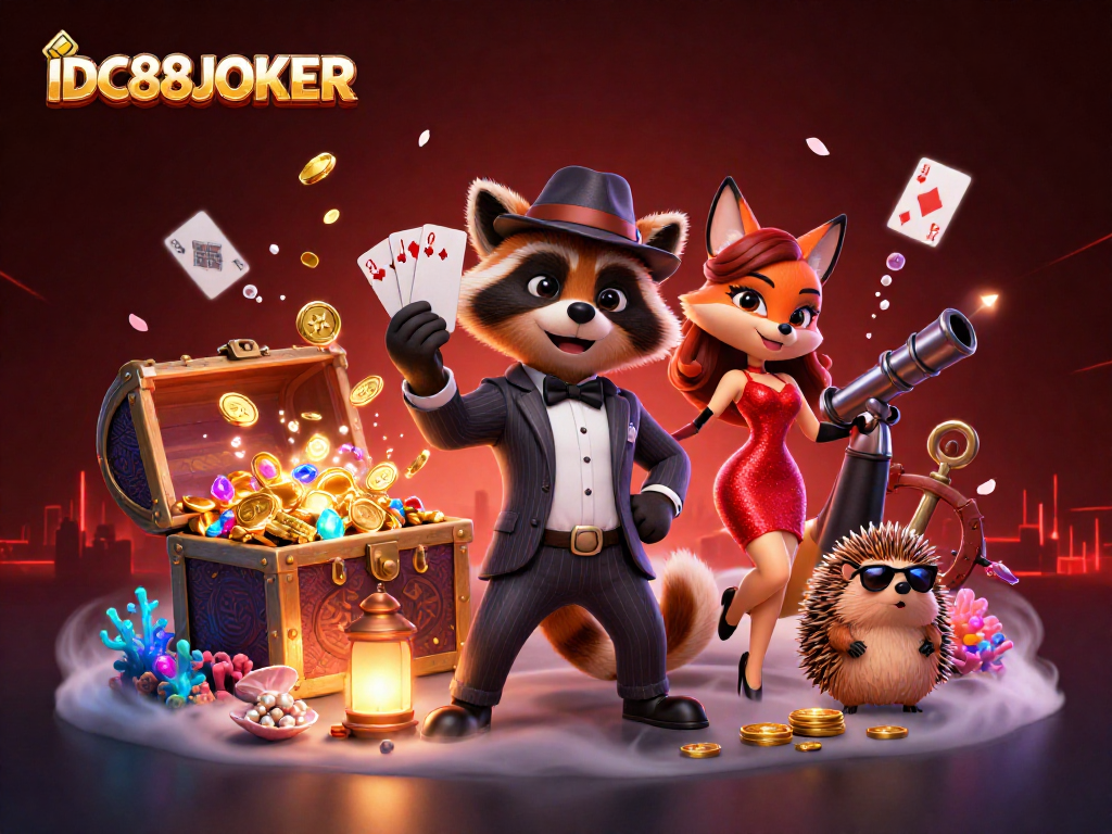 Experience excitement at IDC88JOKER with suave characters captivating players amidst luxurious casino elements.