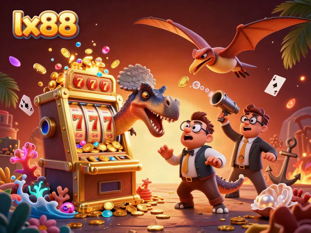 Experience jackpot excitement with lx88 as a dinosaur headbutts a golden slot machine amid flying coins.