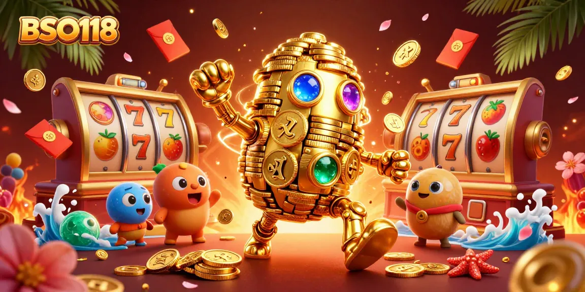 Engage in thrilling gameplay at BSO118 with a dynamic illustration of a golden golem amidst vibrant casino elements.