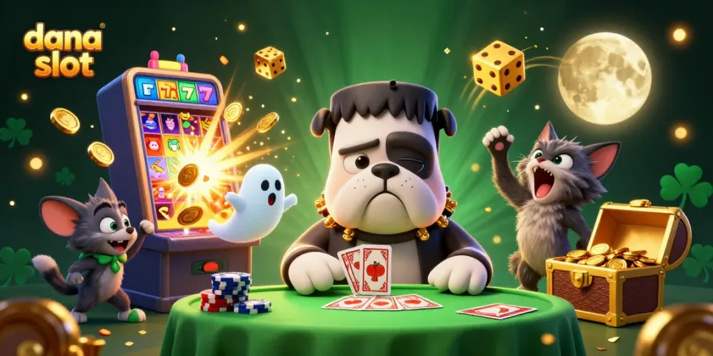 Taruhan dana slot yang menarik dengan monster bulldog Frankenstein dan kucing serigala dalam suasana kasino yang seru.