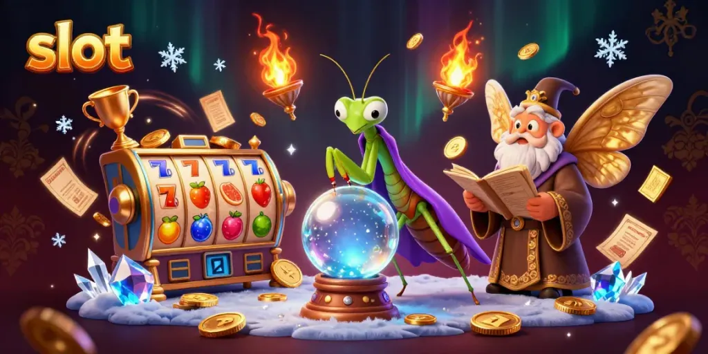 Engaging illustration showing a slot-themed scene with mystical fortune-telling elements and vibrant game symbols.