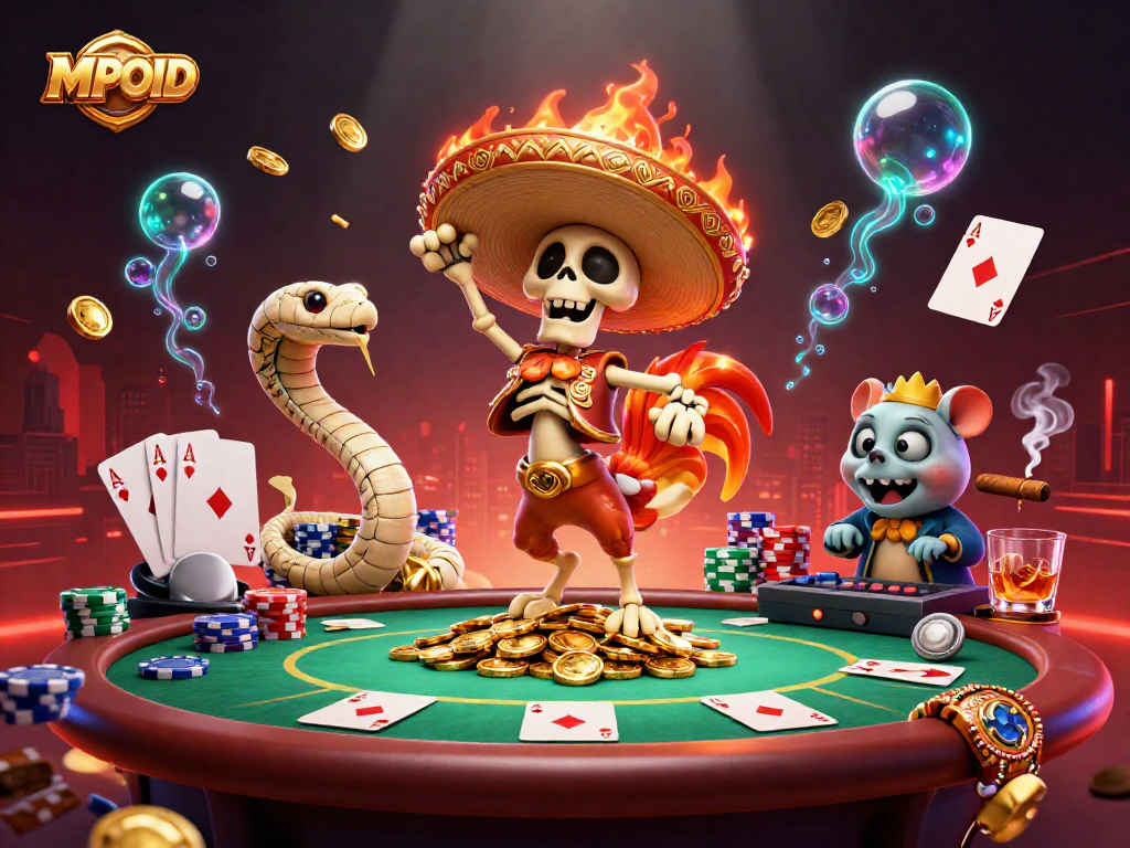 MPOID presents a vibrant casino scene featuring a celebratory skeleton mariachi rooster surrounded by poker elements and a lively atmosphere.