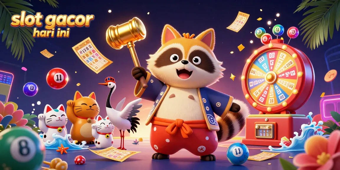 Spin the reels with slot gacor hari ini, featuring a colorful tanuki, lottery elements, and festive decor.