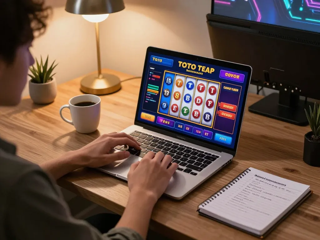 Bayitoto player engaged in online slot gaming with strategic notes nearby.