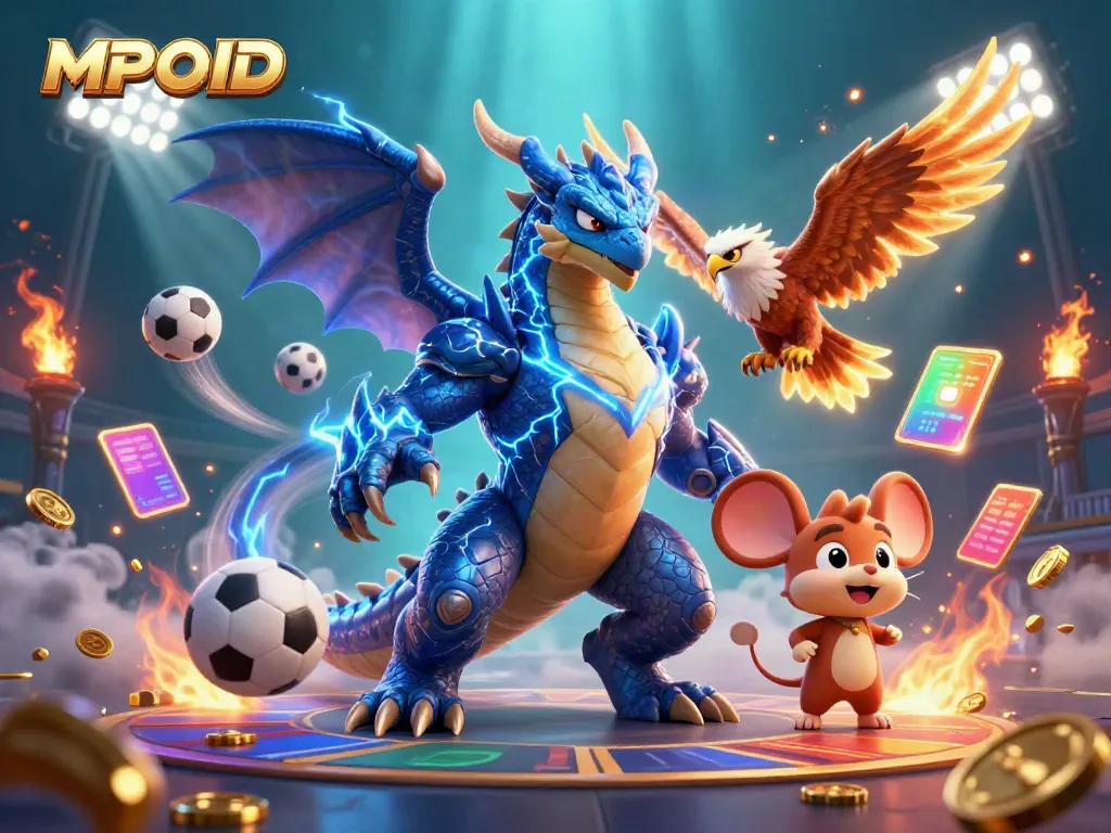 MPOID provides an engaging casino illustration featuring dynamic sports elements and cartoon characters.