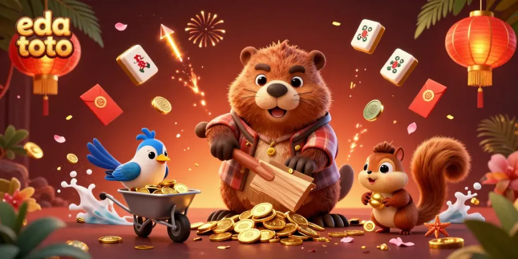 Join the fun at eda toto with a playful beaver in a casino-themed 3D illustration.