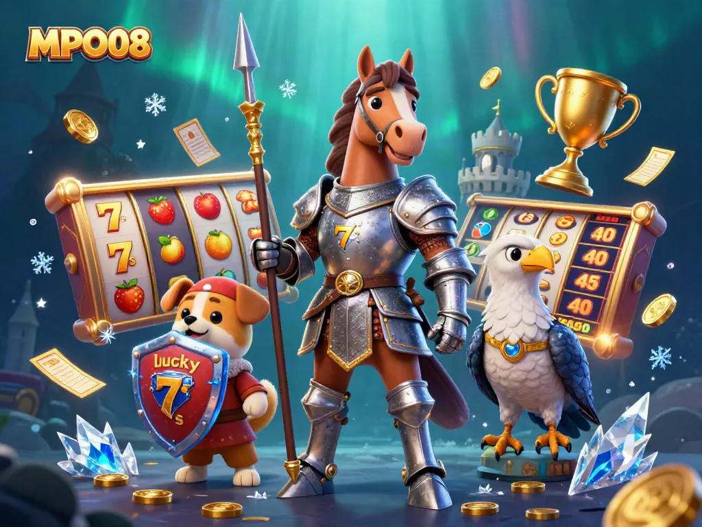 MPO08 showcases a medieval knight and companions amidst dynamic slot reels, emphasizing casino excitement.