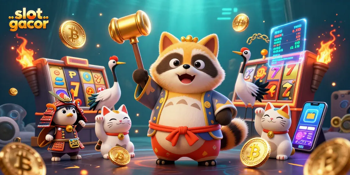 Menggandakan keberuntungan di slot gacor dengan sambutan ceria dari tanuki dan ikan keberuntungan.