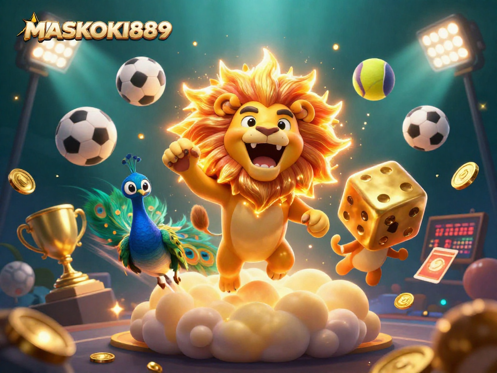 Bet on your luck with MASKOKI889 in this vibrant casino illustration featuring dynamic games and fun!