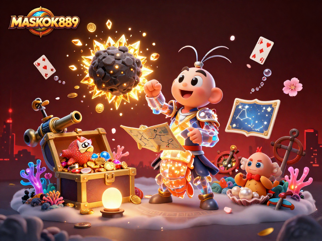 Experience the excitement of MASKOKI889 as a galactic mantis shrimp unleashes gems and coins in a fantastical casino showdown.