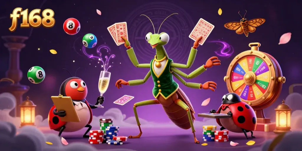 F168 showcases an exhilarating casino scene with a giant mantis dealing cards alongside a ladybug pit boss and lottery elements.